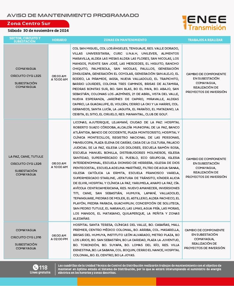 Anuncian cortes de energía para este sábado, 30 de noviembre