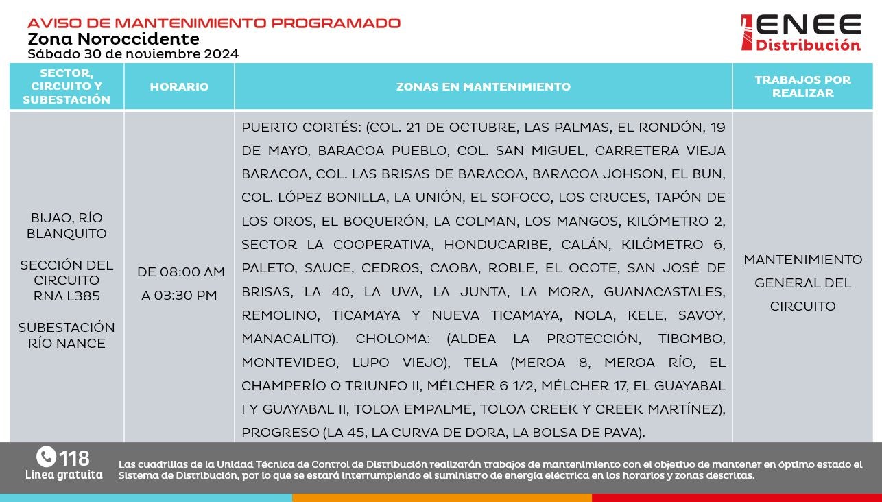 Anuncian cortes de energía para este sábado, 30 de noviembre