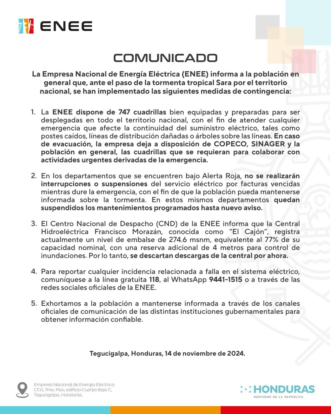 ENEE no cortará la energía eléctrica durante emergencia por la tormenta Sara