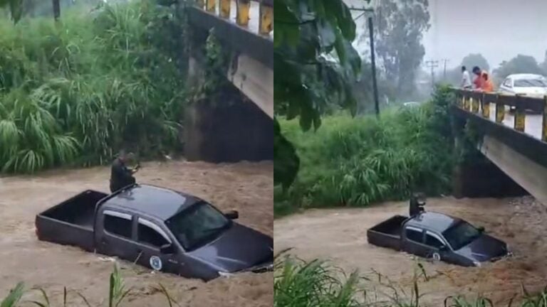 Tensión en La Ceiba: Vehículo de la Fuerza Naval atrapado por crecida de río