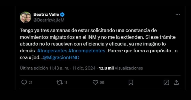 Beatriz Valle denuncia incompetencia del Instituto Nacional de Migración