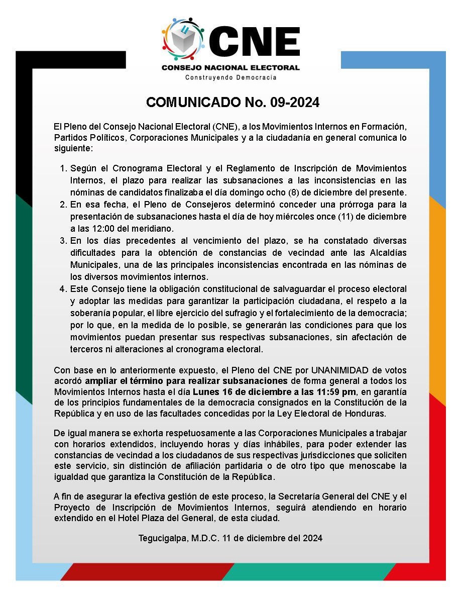 CNE amplía plazo para subsanar inconsistencias de movimientos internos