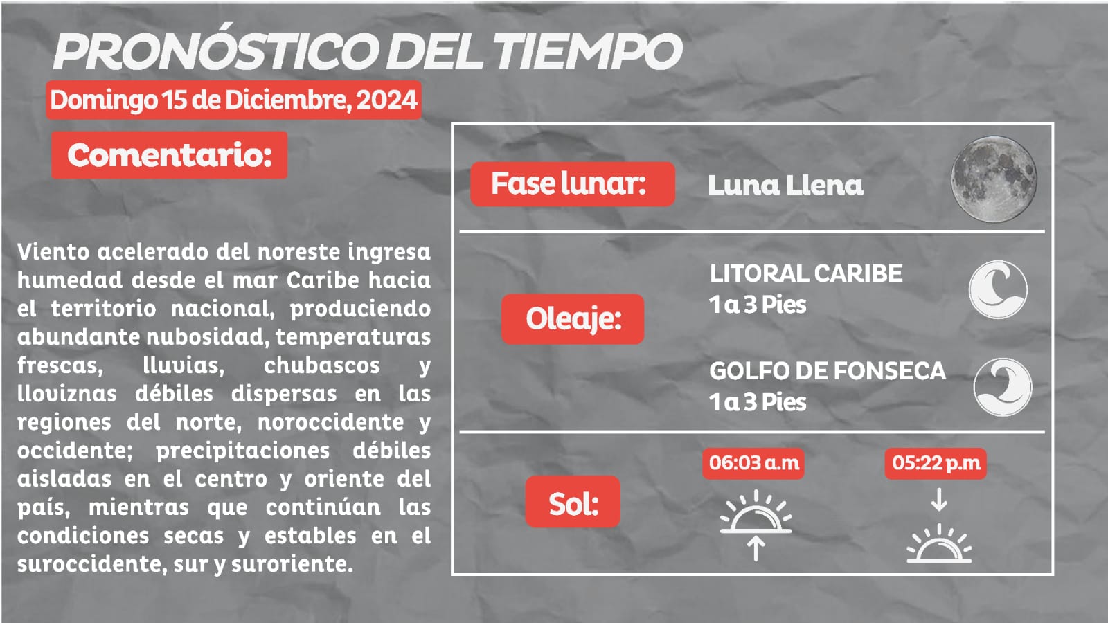 Ingreso de humedad generará luvias en el país