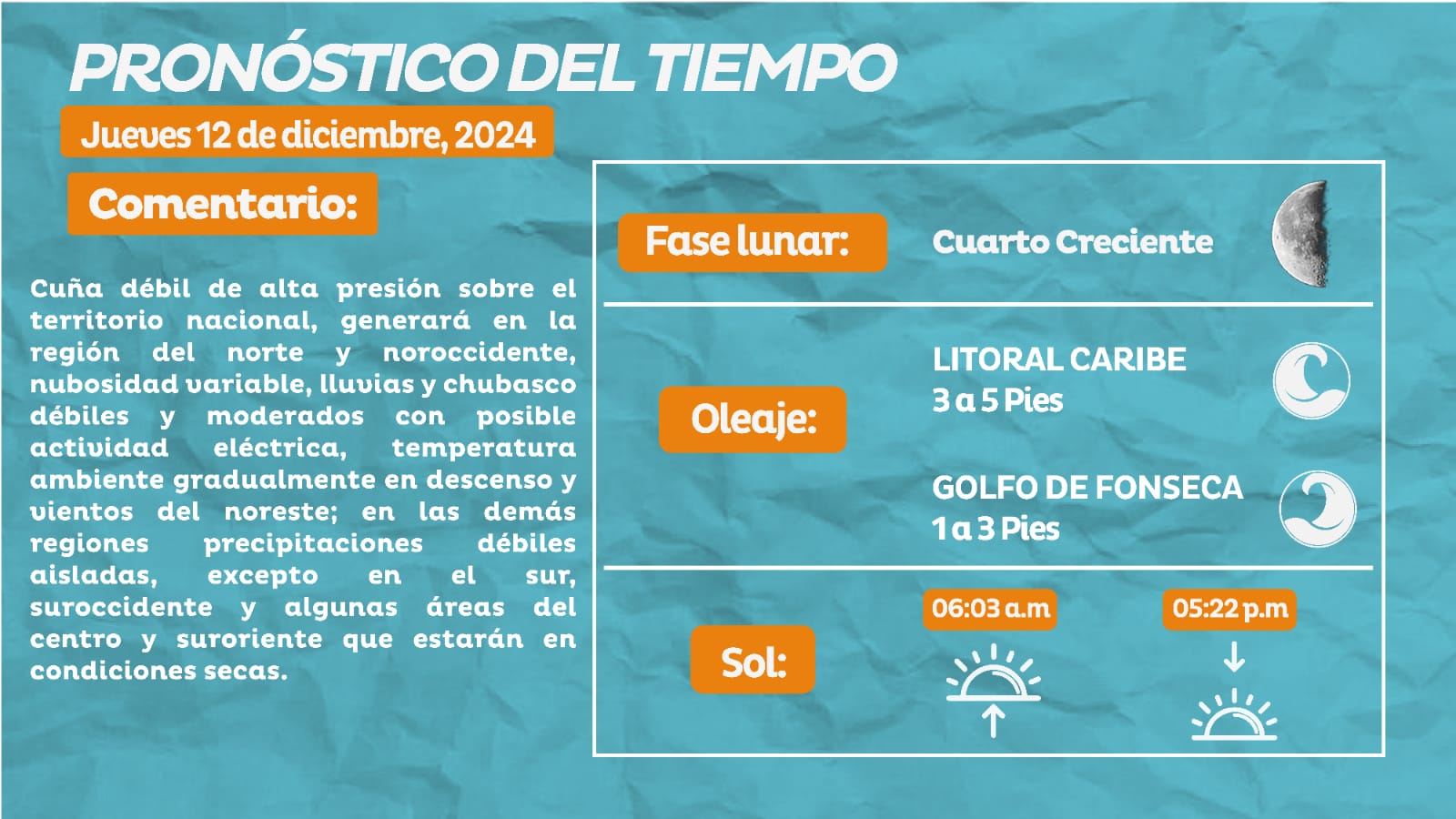 Nubosidad y lluvias débiles se esperan en el norte del país