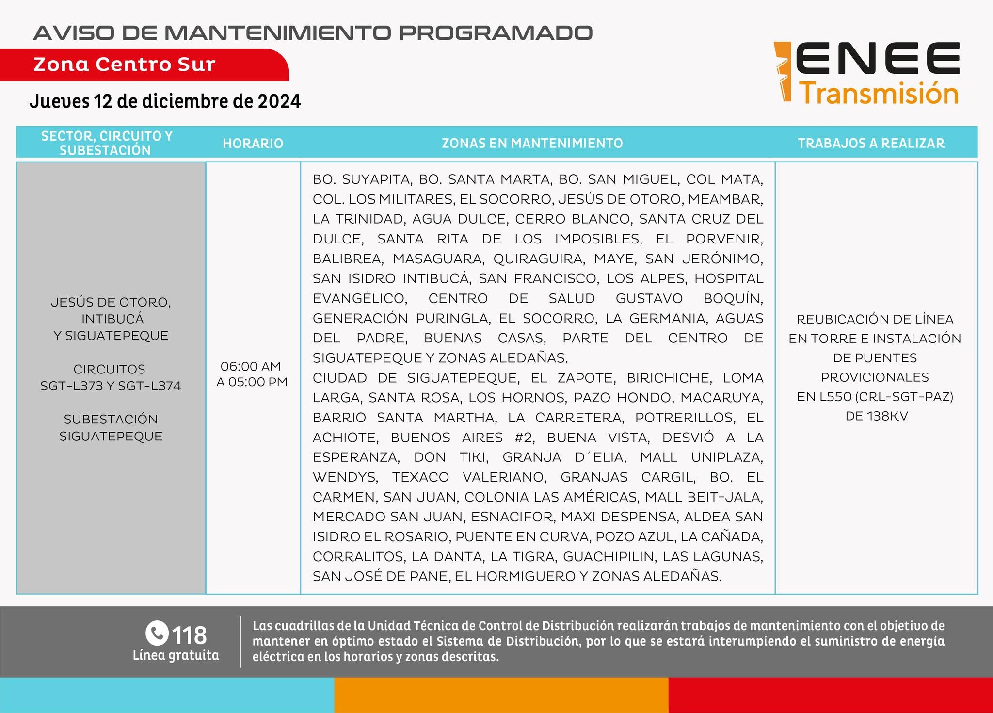 Anuncian cortes de energía para este jueves, 12 de diciembre