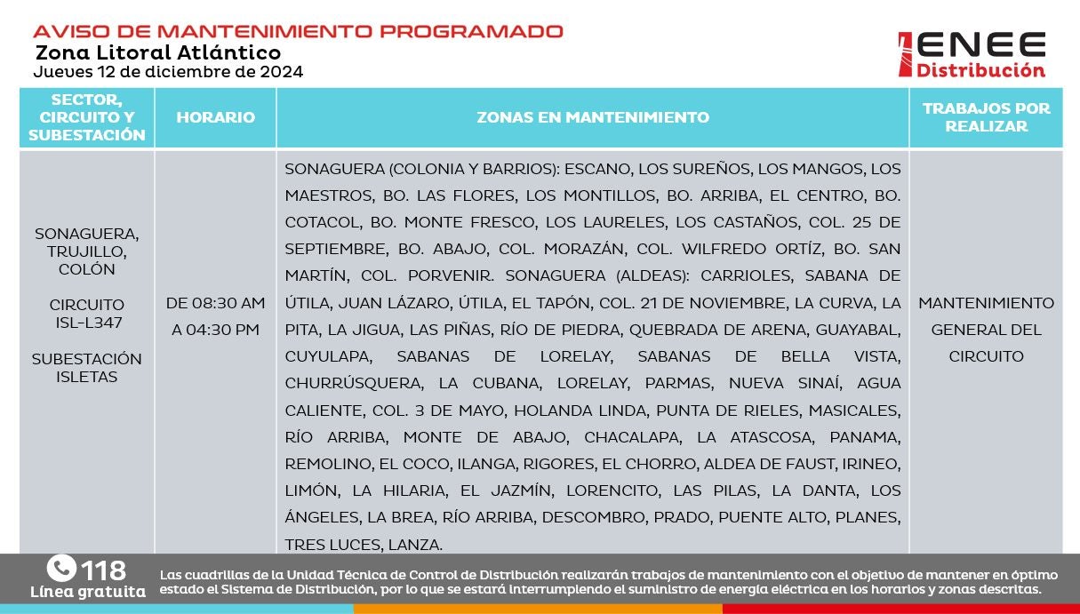 Anuncian cortes de energía para este jueves, 12 de diciembre