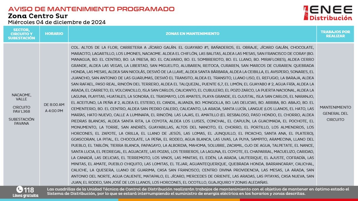 Anuncian cortes de energía para este miércoles, 04 de diciembre