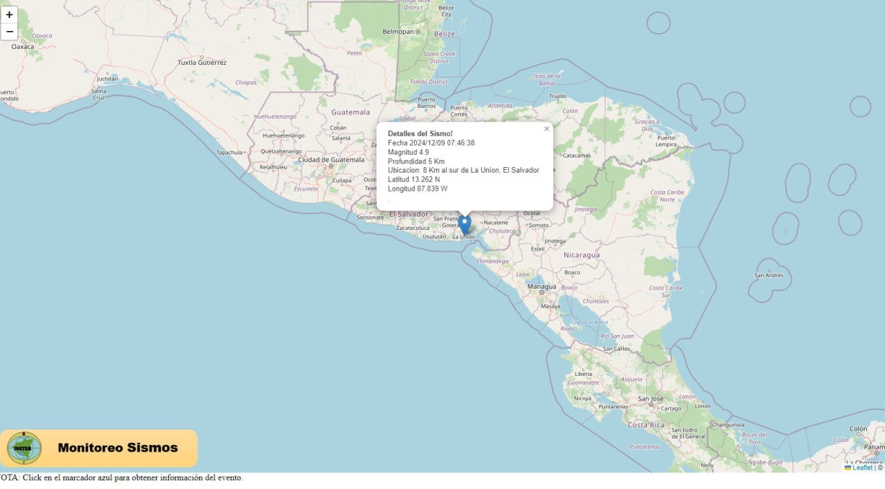 Sismo localizado a 8 km al sur de La Unión, El Salvador.