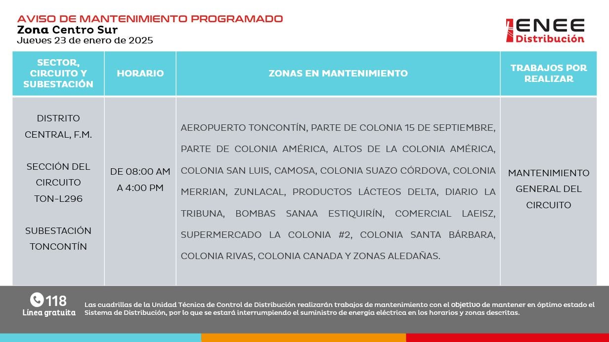 Anuncian Cortes de energía en Francisco Morazán, Cortés y Valle.