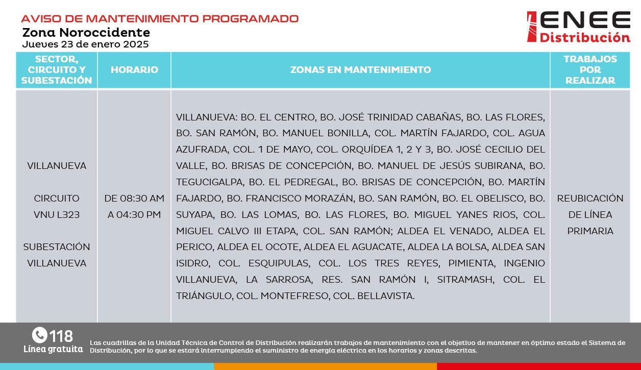 Anuncian Cortes de energía en Francisco Morazán, Cortés y Valle.