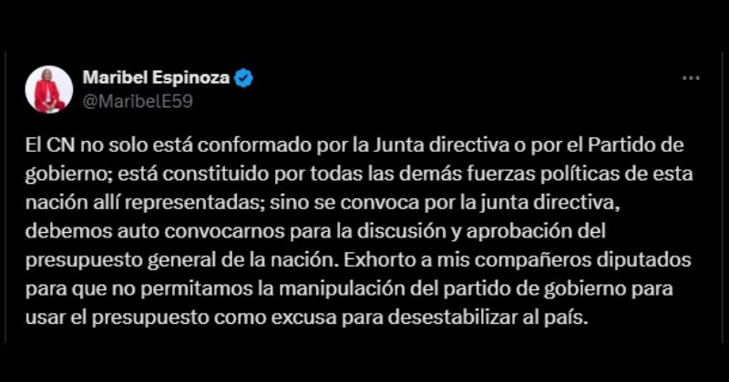 Maribel Espinoza exige autoconvocatoria para debatir el presupuesto 2025