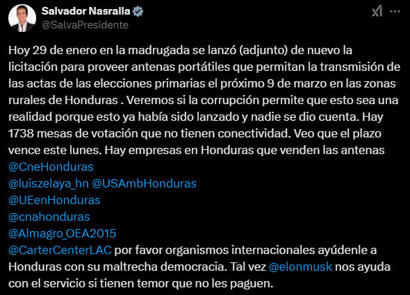 Nasralla: Hoy se lanzó de nuevo la licitación para proveer antenas portátiles en elecciones