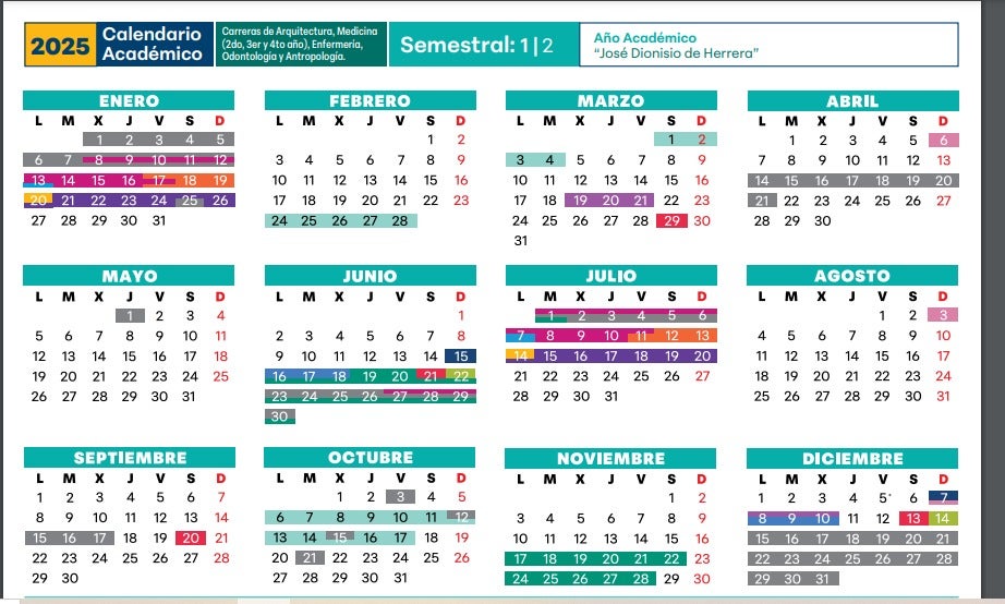 Calendario académico para carreras semestrales. 