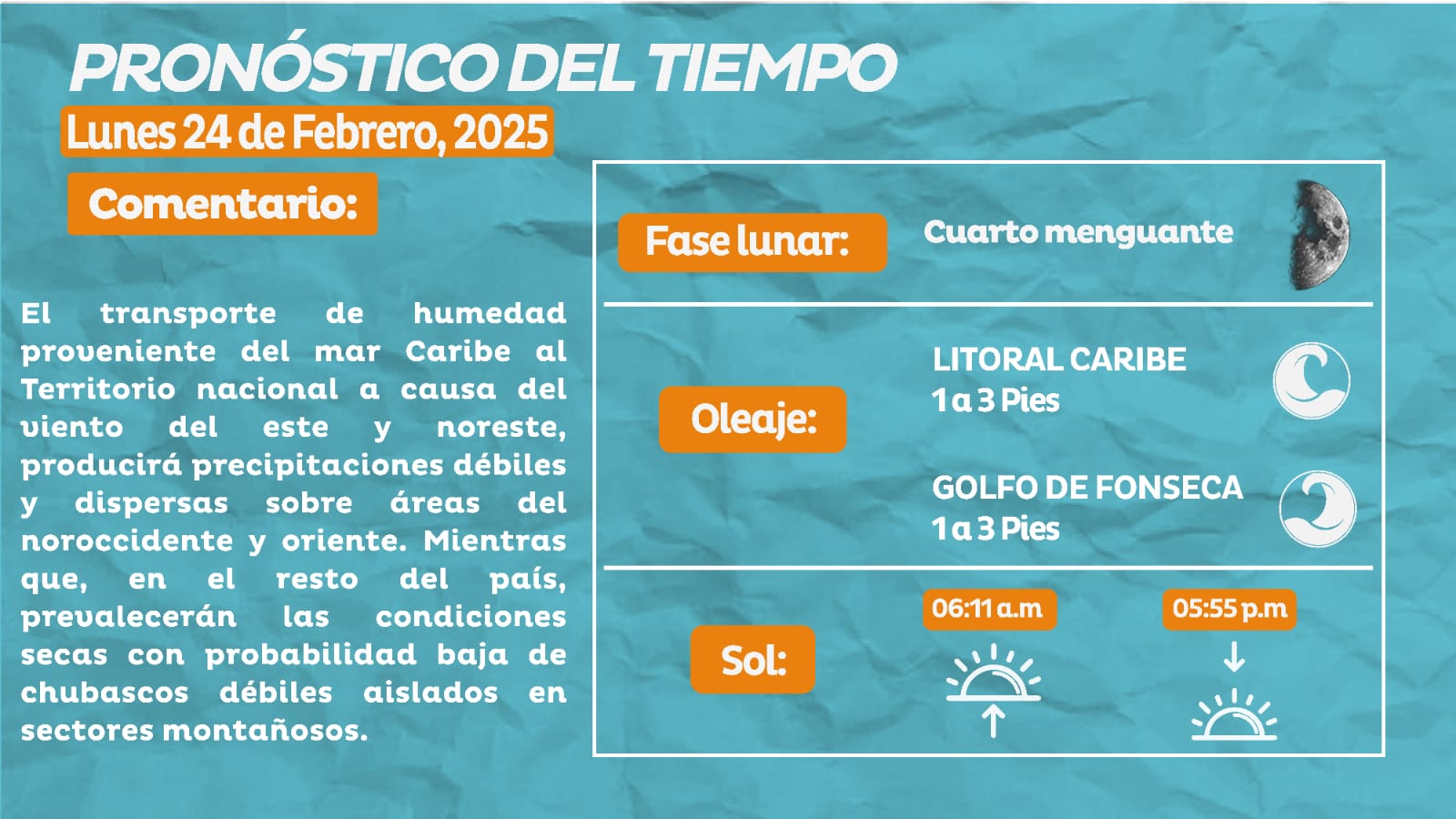 Trasporte de humedad generará lluvias en el país