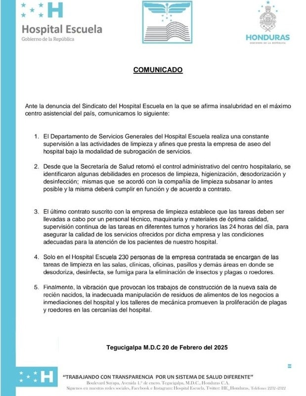 Hospital Escuela culpa negocios cercanos plagas