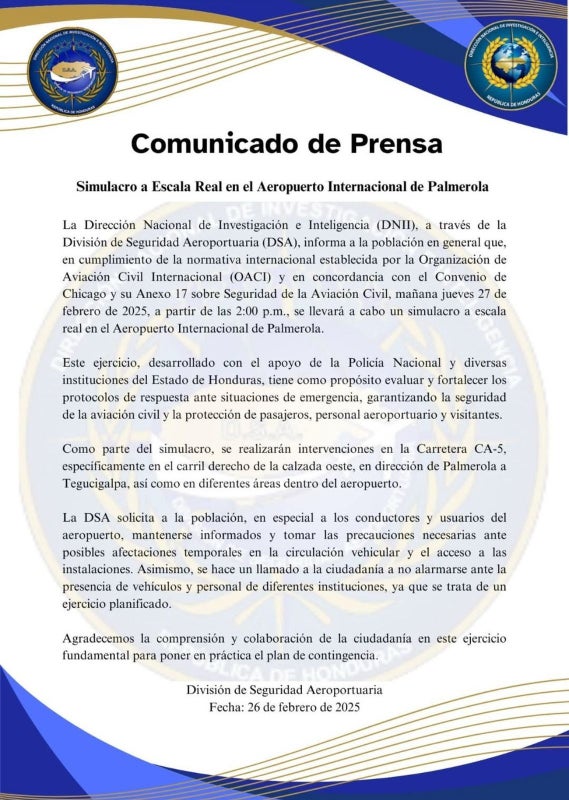Anuncian simulacro aeropuerto Palmerola