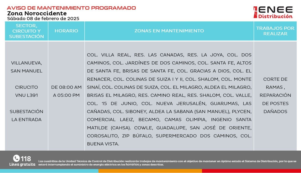 Programan cortes de energía en Francisco Morazán y Cortés