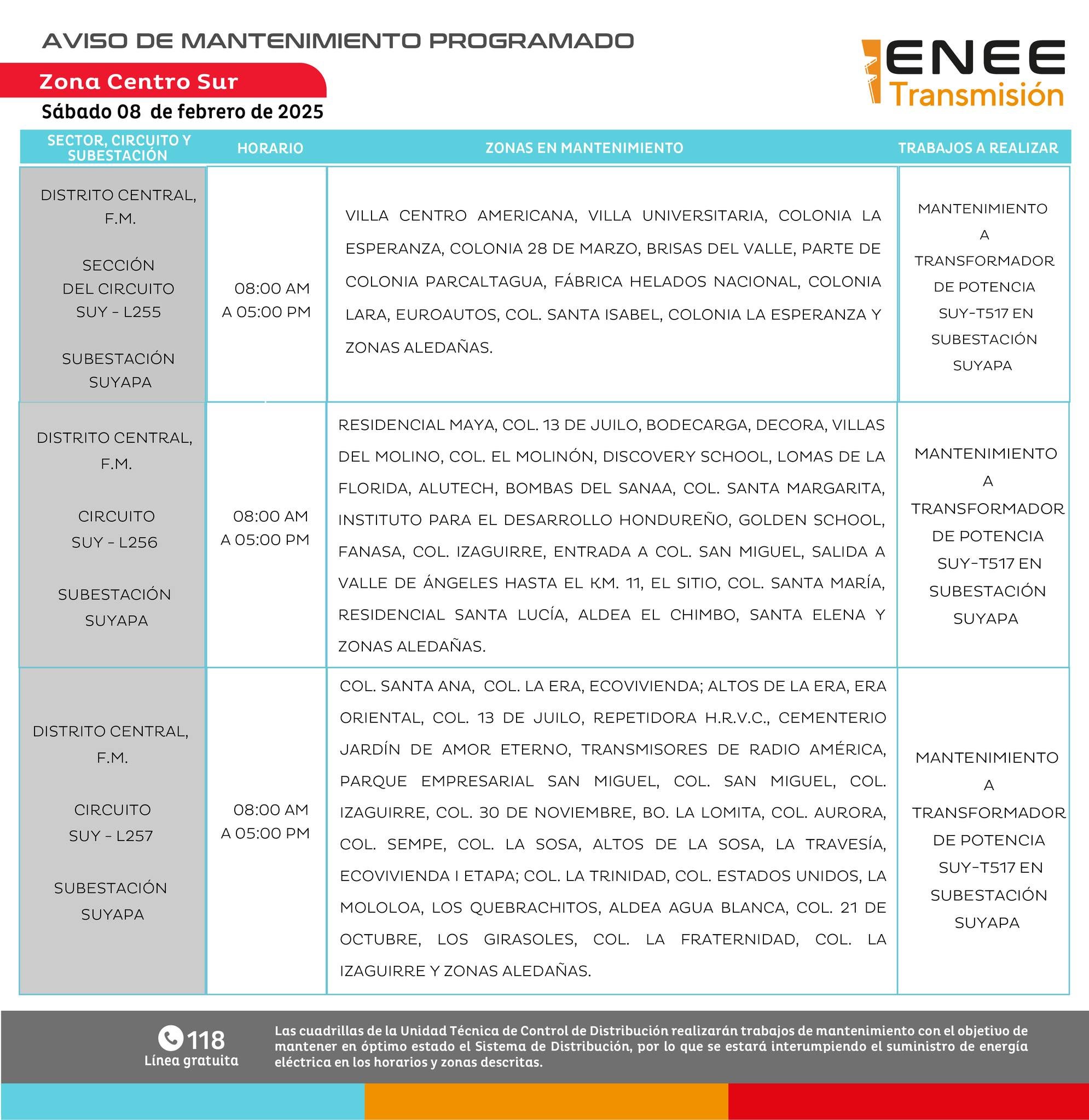 Programan cortes de energía en Francisco Morazán y Cortés