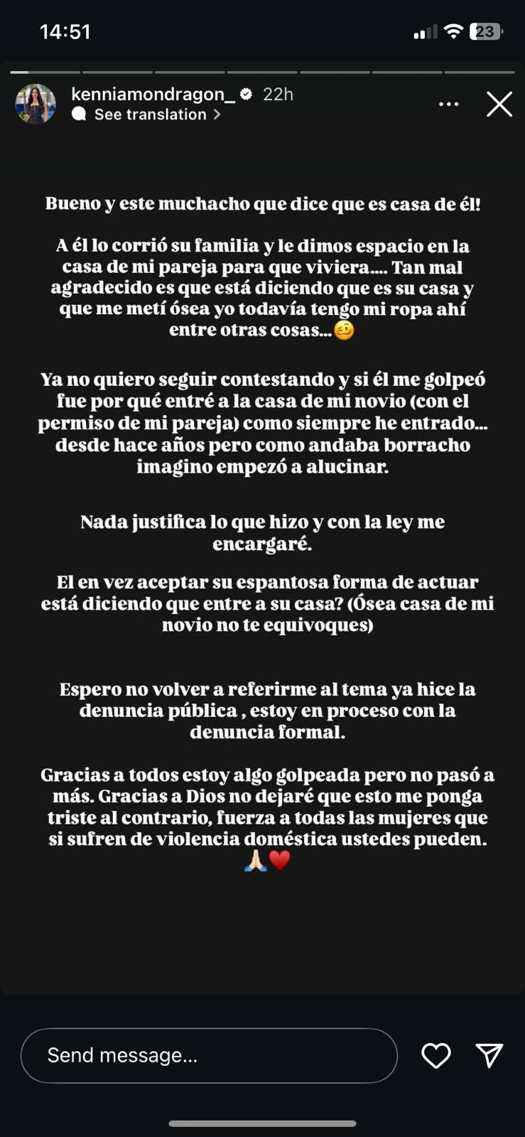 Historia de Kennia en Instagram. 