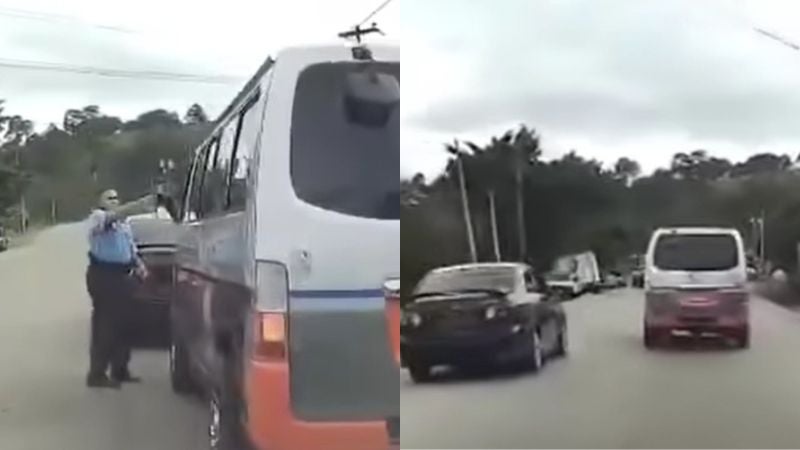 Policía conductor microbús peleando vía