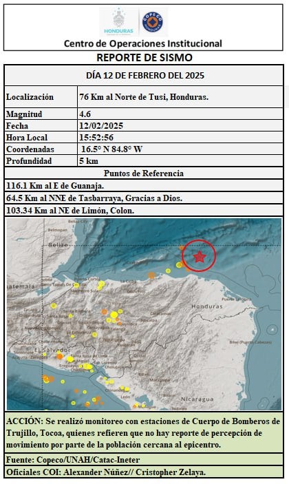 Otro sismo sacude el mar Caribe: Magnitud 4.6 a 76 km de Gracias a Dios