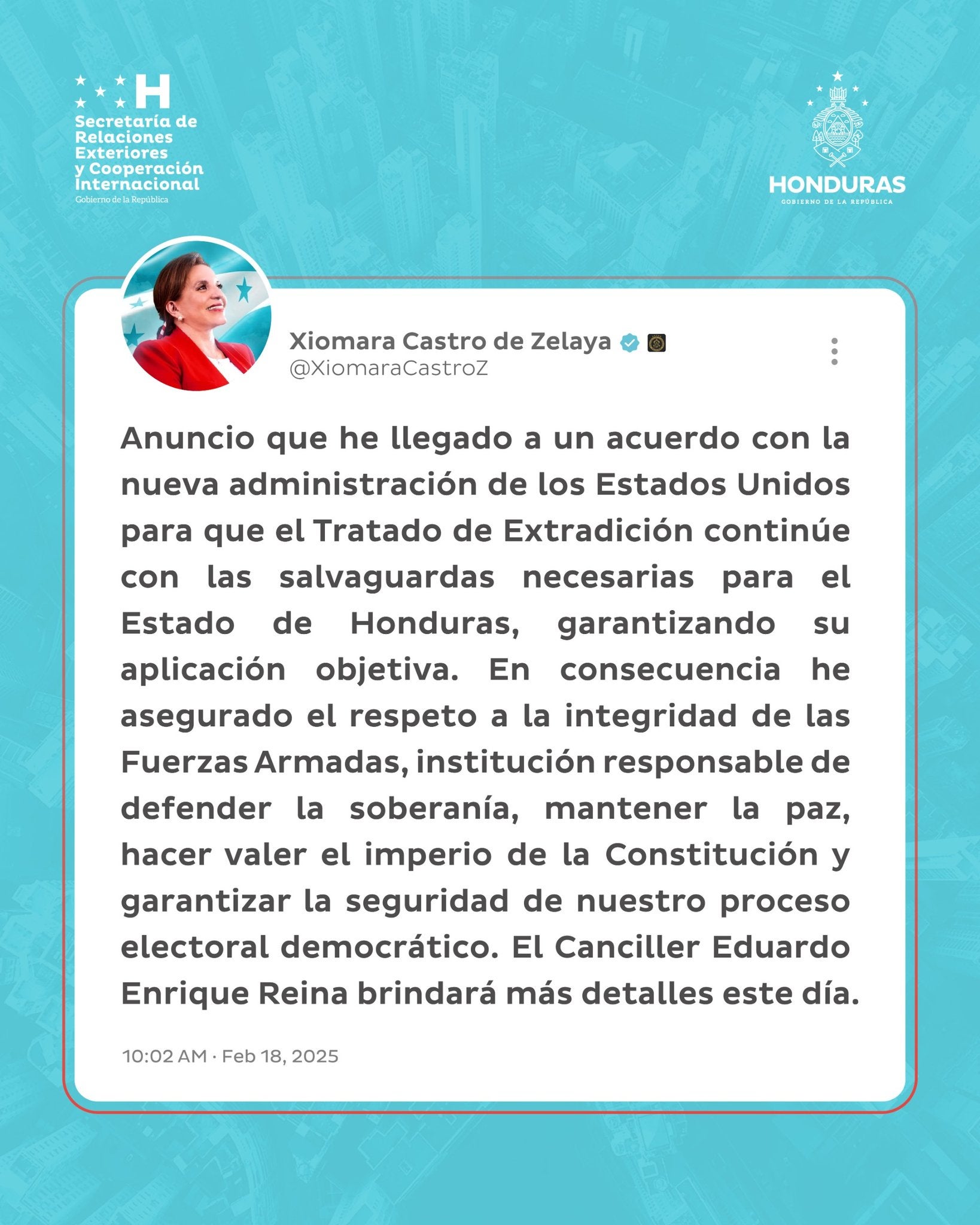 Publicación de la presidenta Xiomara Castro. 