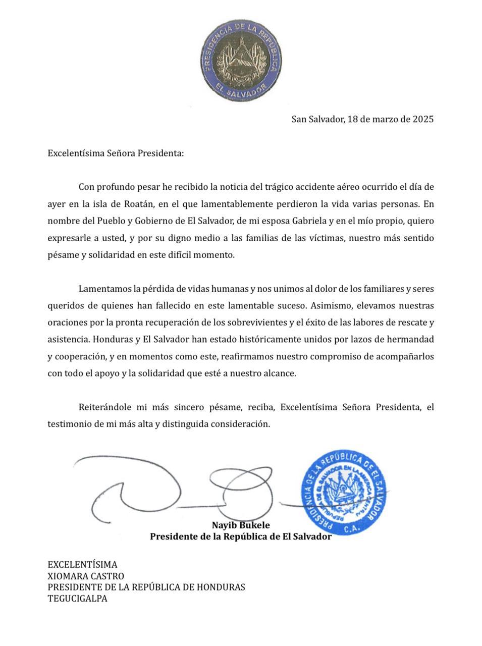 Carta de condolencia remitida por Nayib Bukele