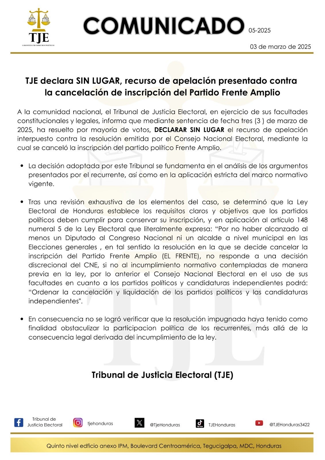 TJE ratifica cancelación del Partido Frente Amplio