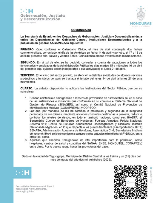 Comunicado Semana Santa Gobierno