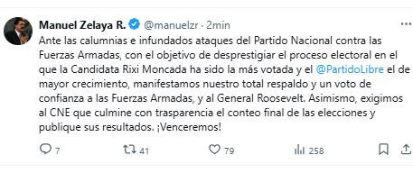 Mensaje de Manuel Zelaya en X