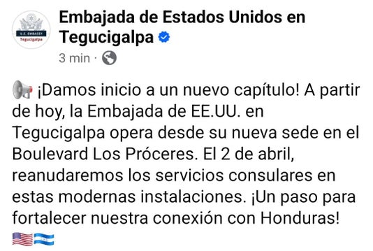 Mensaje publicado por la Embajada de Estados Unidos en Honduras