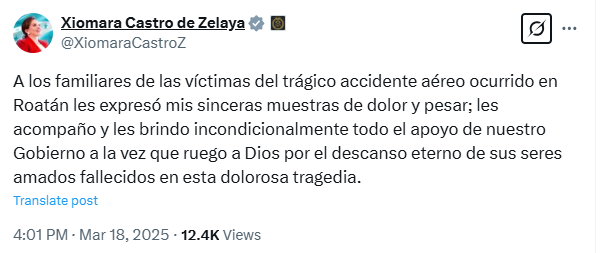 Xiomara Castro expresa condolencias a familiares de víctimas del accidente aéreo en Roatán