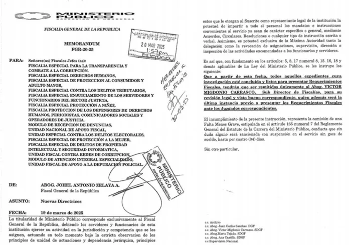 Fiscal Zelaya ordena remitir expedientes al subdirector de fiscales antes de emitir requerimientos