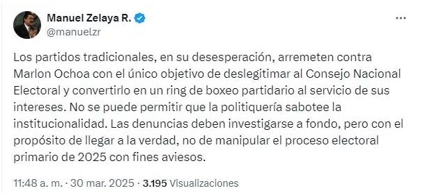 Publicación de Manuel Zelaya en X
