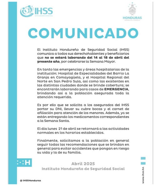 Comunicado emitido por el IHSS