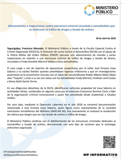 Comunidado oficial publicado por el MP