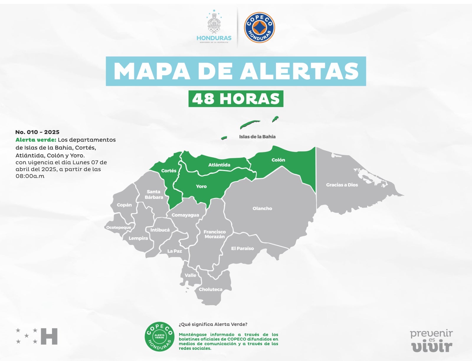 Declaran Alerta Verde en seis departamentos por ingreso de frente frío y lluvias