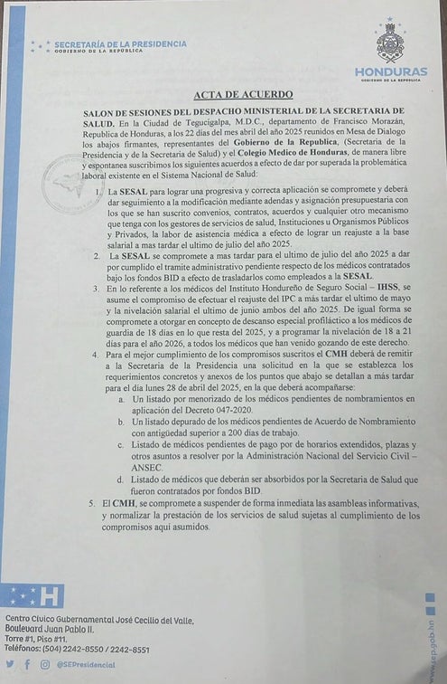 Acta de acuerdo CMH SESAL