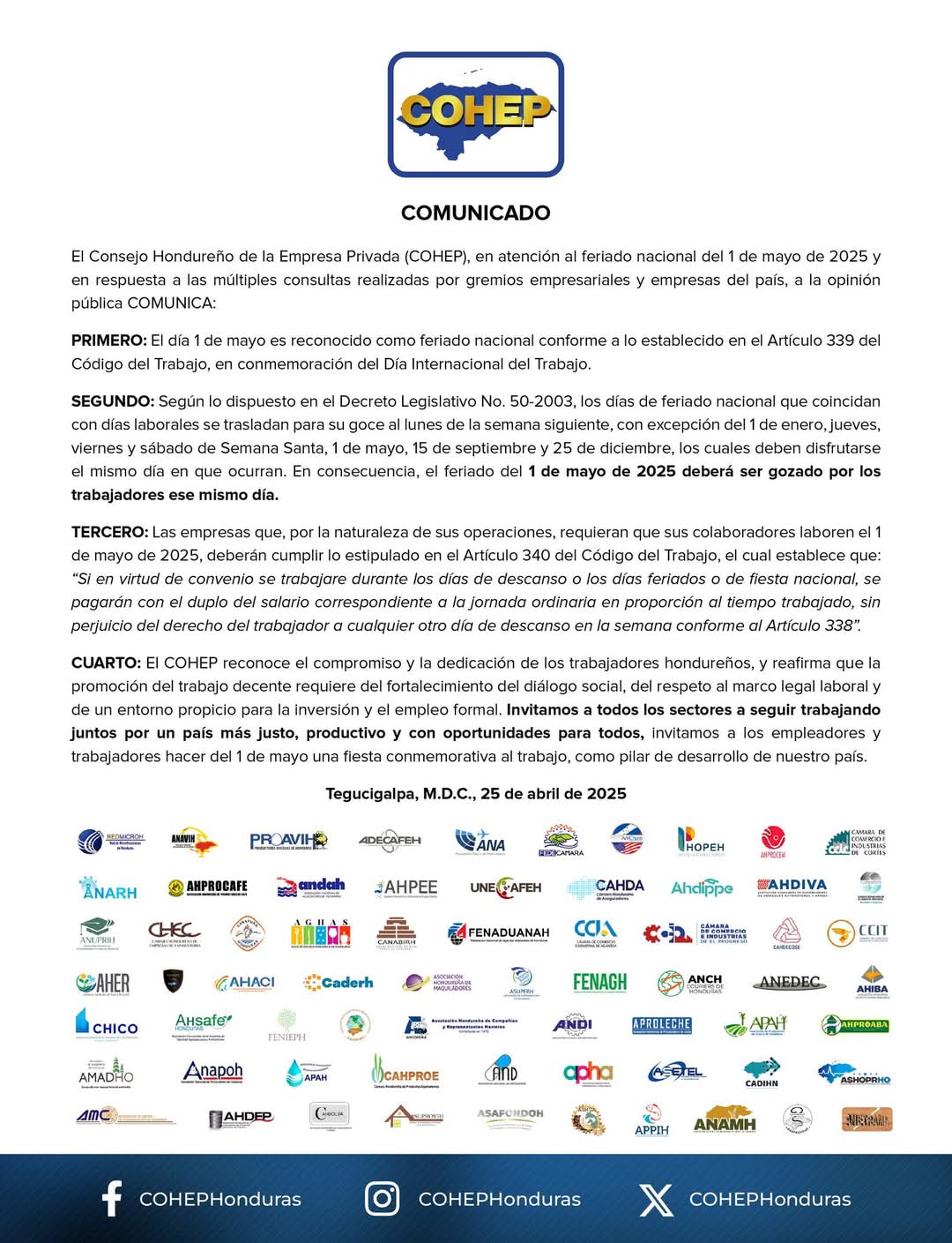 Comunicado del Cohep