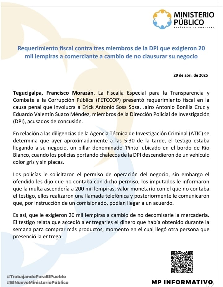 Comunicado del Ministerio Público (MP).