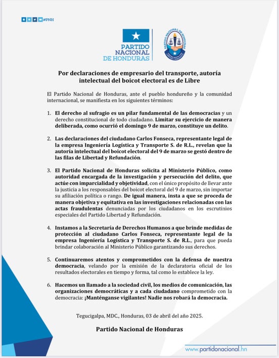 Comunicado del Partido Nacional