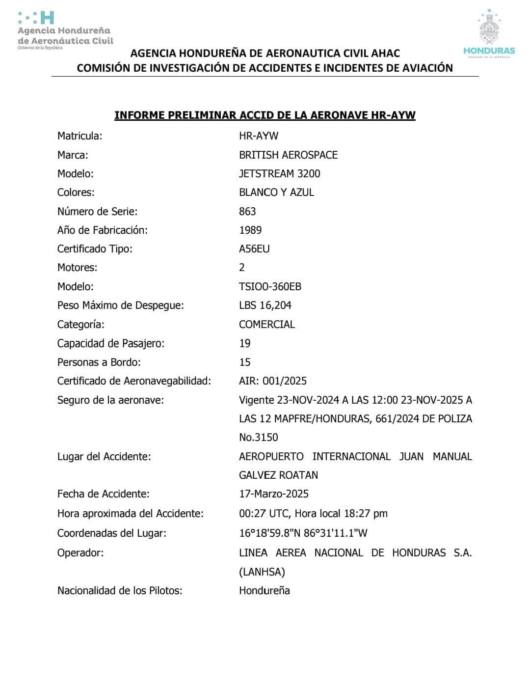 Informe de accidente en Roatán. 