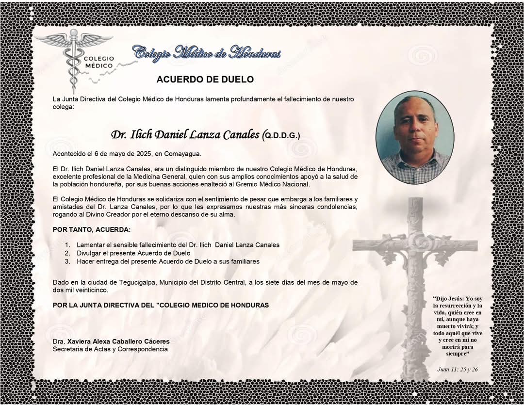 Acuerdo de duelo del Colegio Médico de Honduras.
