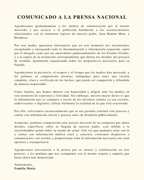 Comunicado de la familia Matta