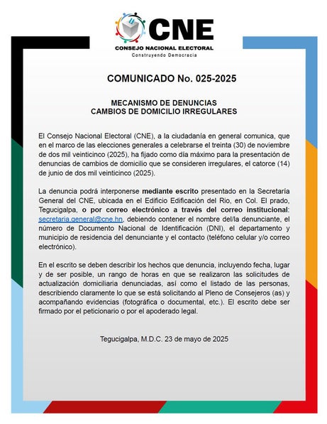 Comunicado del CNE