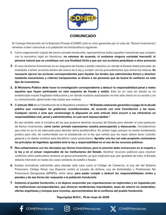 Comunicado del Cohep