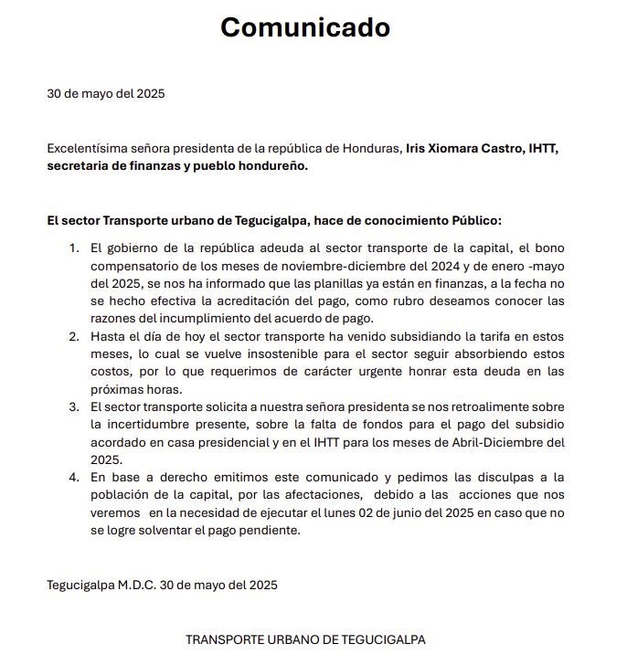 Comunicado del sector transporte al gobierno