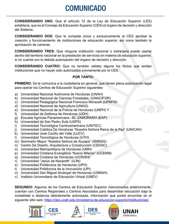 Comunicado oficial de la CES.