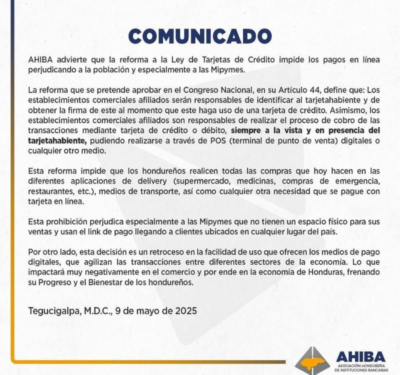 Ahiba reforma Ley de Tarjetas de Crédito