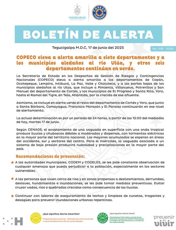 Elevan a alerta amarilla a siete departamentos 